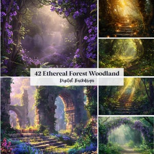 Op de afbeelding: Een collectie van 42 digitale achtergronden met etherische boslandschappen, stenen trappen, bogen, paarse bloemen en gloeiende lichteffecten. De tekst 42 Ethereal Forest Woodland Digital Backdrops staat in het midden van de afbeelding.