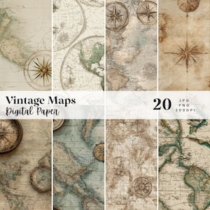 Può includere: Una collezione di carte digitali con mappe vintage. Le carte presentano disegni di mappe antiche con illustrazioni di rose dei venti in tonalità beige, marrone e verde. Il testo "Vintage Maps Digital Paper" e "20 JPG PNG 300 DPI" sono visibili.
