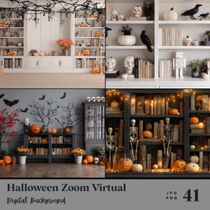May include: A composite image featuring Halloween-themed virtual backgrounds. The backgrounds showcase bookshelves decorated with pumpkins, skulls, and skeletons. The text "Halloween Zoom Virtual Digital Background" is at the bottom.