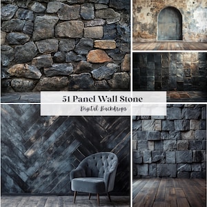 May include: A collage of digital backdrops featuring stone walls, wooden floors, and a tufted armchair. The backdrops include a variety of stone textures and colors, with the text "51 Panel Wall Stone Digital Backdrops" overlaid on the image.