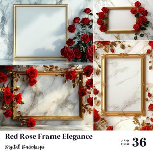 36 Red Rose Frame Elegance Digital Backdrops, Perfect for Wedding, Birthday, Special Day, Maternity, Background, Overlay, (JPG, PNG Format)