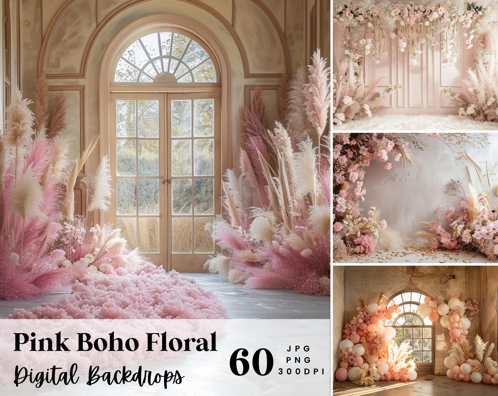 60 Pink Boho Floral Digital Backdrops, Perfect for Wedding, Maternity ...