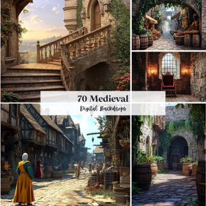 Op de afbeelding: Een samengestelde afbeelding met 70 middeleeuwse digitale achtergronden. De scènes tonen stenen trappen, kasteelarchitectuur en geplaveide straten met mensen. De tekst "70 Medieval Digital Backdrops" staat in het midden.