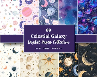 69 Papel digital sin costuras Celestial Galaxy, perfecto para texturas, fondos y patrones, descarga instantánea (JPG, PNG), con uso comercial