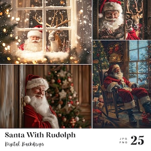 25 Santa With Rudolph Digital Backdrops, Perfect for Wedding, Birthday, Special Day, Maternity, Background, Overlay, (JPG, PNG Format)