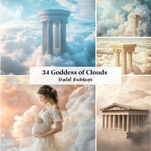 Può includere: Una collezione di sfondi digitali con architettura classica, nuvole e una persona incinta in un abito fluente. La sovrapposizione di testo recita "34 Goddess of Clouds Digital Backdrops". Le immagini hanno una qualità morbida ed eterea.