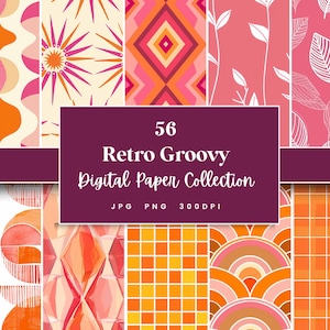 Puede incluir: Una colección de papel digital con 56 patrones retro groovy en naranja, rosa y blanco. Los patrones incluyen formas geométricas, hojas y estrellas.