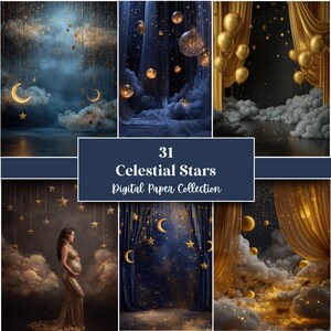 May include: A digital paper collection titled "31 Celestial Stars." The image features various celestial-themed backgrounds with stars, moons, and clouds. Some scenes include gold curtains and balloons, creating a dreamy, ethereal aesthetic.