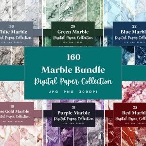 May include: A digital paper collection featuring 160 marble patterns in various colors, including white, green, blue, rose gold, purple, and red. The patterns are high-resolution and perfect for crafting projects, scrapbooking, and digital design.