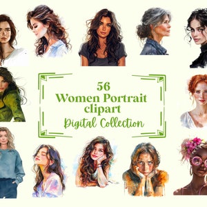 56 kobiet portrety clipart ilustracje, idealne do scrapbookingu, dziennika, planera, rzemiosła, natychmiastowe pobieranie (PNG, WEBP), do użytku komercyjnego