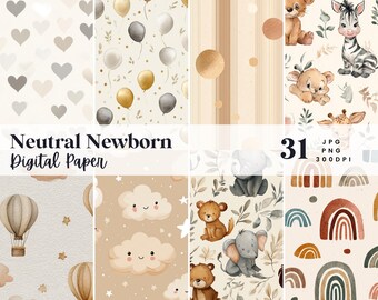 31 neutralnych papierów cyfrowych dla noworodków, bezszwowe, idealne do tekstur, tła i wzorów, do natychmiastowego pobrania (JPG, PNG), do użytku komercyjnego