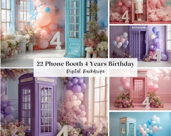 22 Telephone Booth 4 Years Birthday Digital Backdrops Perfect for Birthday, Special Day, Background, Overlay, (JPG, PNG Format)
