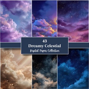 Op de afbeelding: Een digitale papiercollectie met 43 dromerige hemelse ontwerpen. De afbeeldingen tonen nachthemelscènes met wolken, sterren en nevels in paarse, blauwe en gouden tinten. De tekst luidt "43 Dreamy Celestial Digital Paper Collection."