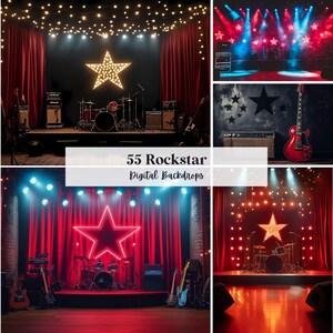 May include: A collection of digital backdrops with a rockstar theme. The images feature stages with red curtains, musical instruments, and star-shaped lighting. The text "55 Rockstar Digital Backdrops" is displayed.