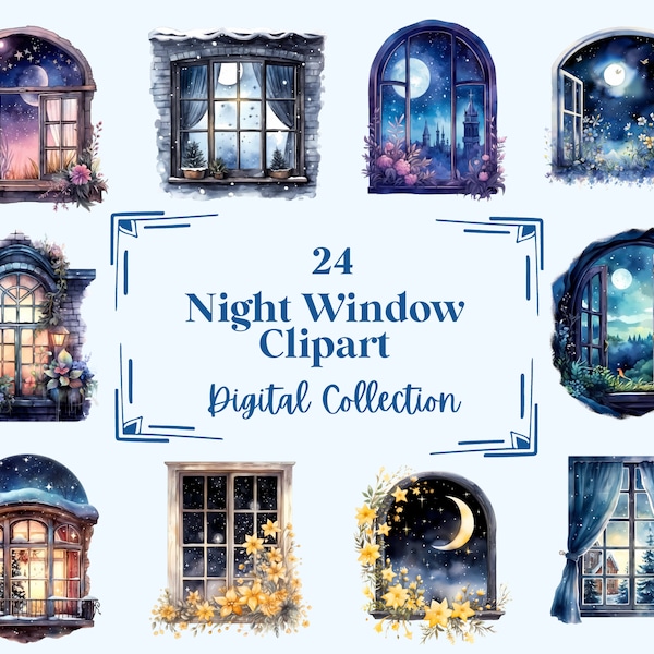 24 Night Window Clipart Illustrations, Perfect for Scrapbook, Journal, Planner, Crafts, Instant Download (PNG, WEBP), Commercial Use