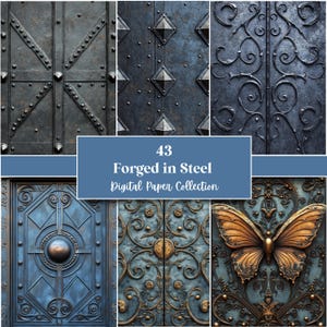 Puede incluir: Una colección de papel digital con seis paneles de puertas de acero forjado. Las puertas son de varios tonos de gris y azul, con diseños ornamentados, remaches y detalles en forma de diamante. Se muestra el texto "43 Forged in Steel Digital Paper Collection".