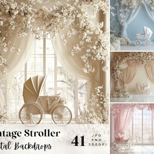 41 Vintage Stroller Backdrops, Perfect for Wedding, Birthday, Special Day, Maternity, Background, Overlay, (JPG, PNG Format)