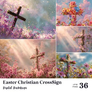 May include: A collection of digital backdrops featuring crosses adorned with flowers. The crosses are set against a backdrop of soft pink, purple, and blue hues, with rays of light shining through. The text "Easter Christian CrossSign" is at the bottom.