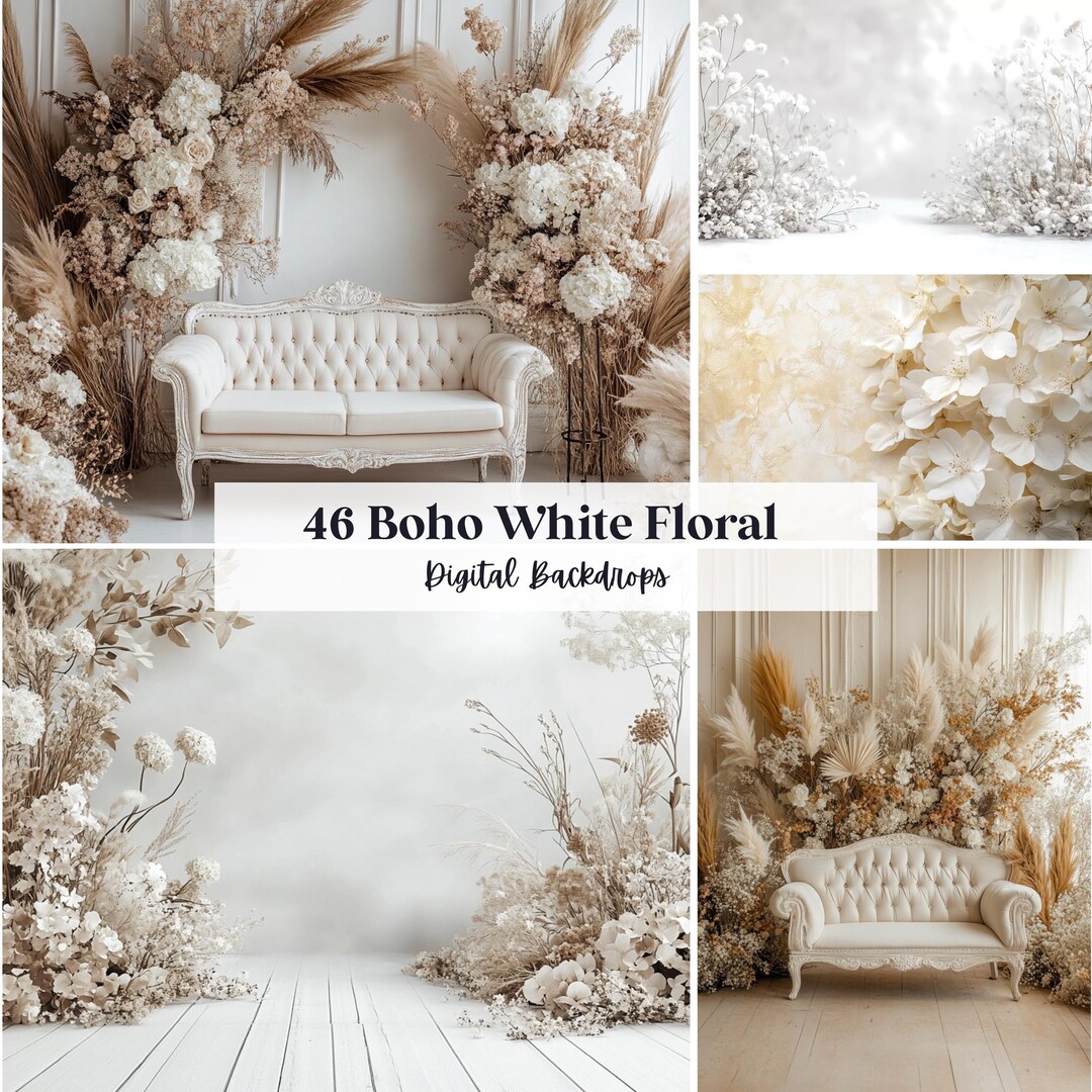46 Boho White Floral Digital Backdrops, Perfect for Wedding, Birthday ...