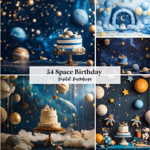 Puede incluir: Una colección de fondos digitales con temática espacial. Las imágenes presentan pasteles, planetas, estrellas y otras decoraciones relacionadas con el espacio. El texto "54 Space Birthday Digital Backdrops" se muestra.