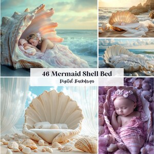 Op de afbeelding: Een verzameling digitale achtergronden met zeemeermin schelpenbedden. De afbeeldingen tonen schelpenbedden met zachte, vloeiende stoffen en een strandachtergrond. De tekst in de afbeelding luidt "46 Mermaid Shell Bed Digital Backdrops".