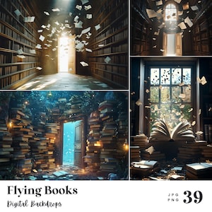 39 Flying Books Digital Backdrops, Perfect for Magic Event, Birthday, Special Day, Maternity, Background, Overlay, (JPG, PNG Format)