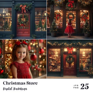 May include: A composite image of a Christmas store with festive decorations. The store features wreaths, red bows, and Christmas trees. A young girl in a red dress and bow is also featured. The text "Christmas Store Digital Backdrops" is at the bottom.