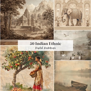 Peut inclure: Collection de 50 arrière-plans numériques ethniques indiens. Les images comprennent un paysage sépia avec un temple, un éléphant, une femme cueillant des fruits et des scènes de nature sereines.
