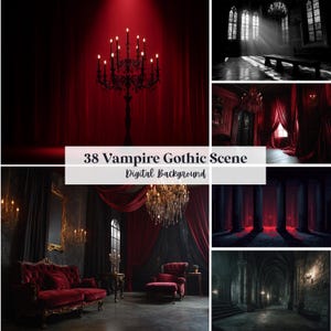 Può includere: Una collezione di sfondi digitali a tema gotico vampiro. Le immagini presentano tende rosso scuro, lampadari e architettura gotica. Il testo sull'immagine recita "38 Vampire Gothic Scene Digital Background."