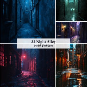 Peut inclure: Un collage de fonds numériques représentant des scènes de ruelles nocturnes. Les images présentent diverses ruelles avec différents éclairages et schémas de couleurs, notamment des teintes bleues, rouges et oranges. Le texte "32 Night Alley Digital Backdrops" est affiché.