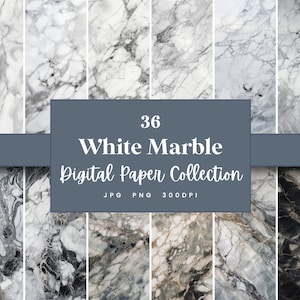 May include: A digital paper collection of 36 white marble textures. The textures are high-resolution and perfect for creating backgrounds, patterns, and designs. JPG PNG 300DPI.