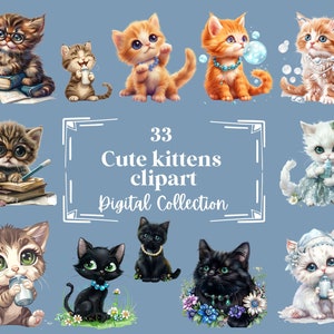 33 Cute Kittens Clipart Illustrations, Perfect for Scrapbook, Journal, Planner, Crafts, Instant Download (PNG, WEBP), Commercial Use