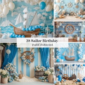 May include: A collage of nautical-themed digital backgrounds. The backgrounds feature a wooden sailboat, balloons, and a ship's wheel. The color scheme includes shades of blue, white, and brown, creating a festive atmosphere. Text on the image reads "28 Sailor Birthday Digital Background."