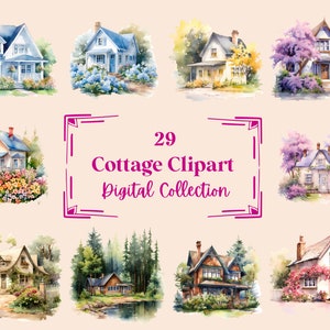 29 Watercolor Cottage Clipart Illustrations, Perfect for Scrapbook, Journal, Planner, Crafts, Instant Download (PNG, WEBP), Commercial Use