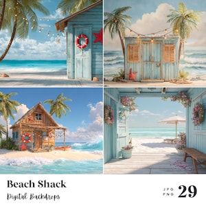 Puede incluir: Un collage de fondos digitales con temática de playa. Las imágenes presentan pequeñas cabañas de playa desgastadas en tonos azules y marrones, adornadas con estrellas de mar, salvavidas y luces de cadena. Palmeras y vistas al océano completan las escenas costeras. El texto dice "Beach Shack Digital Backdrops".
