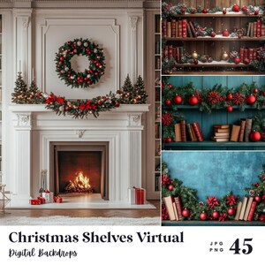 May include: A digital backdrop featuring a white fireplace with a lit fire, a Christmas wreath, and a garland of greenery with red ornaments. The backdrop also includes three shelves with books and Christmas decorations.