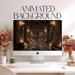May include: A desktop computer displays an animated background of a candlelit stone corridor. The text "ANIMATED BACKGROUND" is above the screen. The computer is on a white desk with a keyboard, mouse, and decorative flowers.