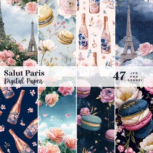 Könnte beinhalten: Eine Sammlung digitaler Papiere mit Pariser Thema. Die Designs zeigen den Eiffelturm, Macarons, Champagnerflaschen und florale Muster in Rosa, Blau und Gold. Der Text "Salut Paris Digital Paper" ist zu sehen.