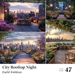 以下が含まれることがあります： 夜の都市の屋上シーンの合成画像。屋外のダイニングエリア、ベンチ、豪華なフラワーアレンジメントと背景の都市のスカイラインが特徴です。「City Rooftop Night」と「Digital Backdrops」のテキストが表示されます。