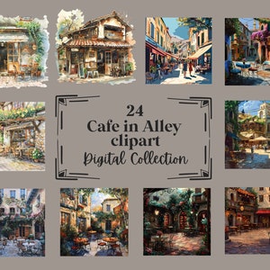 24 Cafe in Alley Clipart Illustrations, Perfect for Scrapbook, Journal, Planner, Crafts, Instant Download (PNG, WEBP), Commercial Use