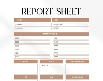 Nursing Report Sheet Template, Day Shift, Night Shift, Med Surg, Digital Product