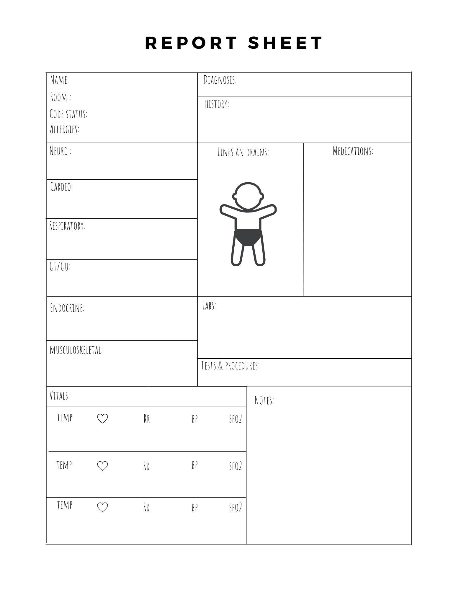 Pediatric Report Sheet, Nursing, Med Surg
