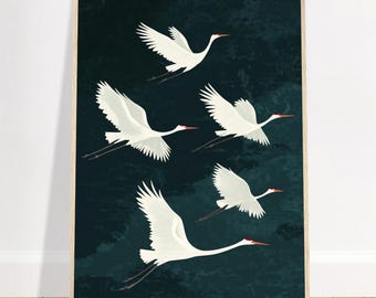 Lámina decorativa enmarcada de grullas volando, obra de arte de galería japonesa, decoración de estilo Japandi con aves de la naturaleza.