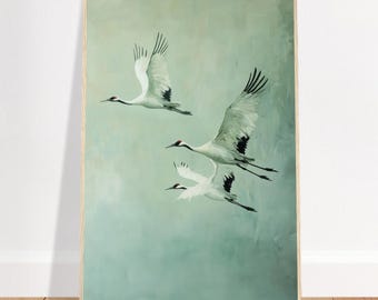 Cuadro decorativo de grullas volando, lámina enmarcada, obra de arte de aves japonesas, pintura minimalista de naturaleza en verde salvia para decoración japonesa.