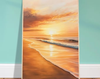 Coastal Sunset Framed Wall Art Print – Golden Beach Ocean Waves Painting, Calm Seascape Nature Decor