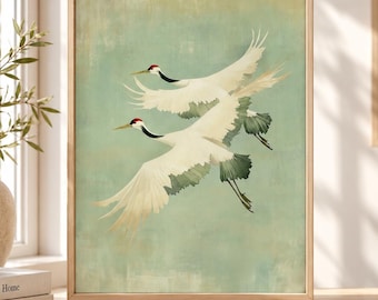 Japanese Flying Cranes Wall Art Print, Asian Birds Nature Gallery Artwork, Vintage Japandi Style Poster for Home Decor
