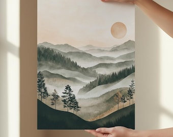 Japanese Landscape Painting Print Wall Art, Minimalist Forest and Mountains Hills, Nature Artwork Japandi Poster Wabi Sabi Wall Art