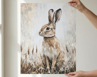 Hase Wand Kunst Poster Wald Tier Druck Rustikal Natur Kaninchen Malerei Bauernhaus Neutral Dekor Wildblumen Feld Geschenk für Zuhause