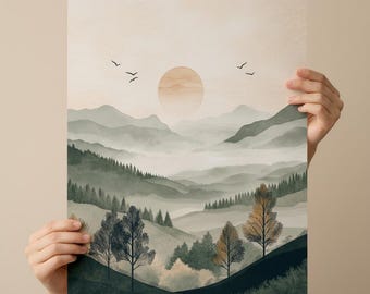 日本の風景画ウォールアートプリント、霧深い森の丘と松の木の自然アートワーク、落ち着いた空間のためのJapandiホームデコレーション禅ポスター