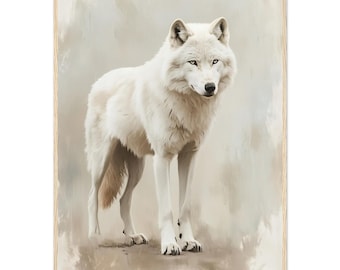 額入りホワイトウルフウォールアートプリント油絵スタイル、リアルな一匹狼ミニマリストの森の動物アートワーク、家の装飾用